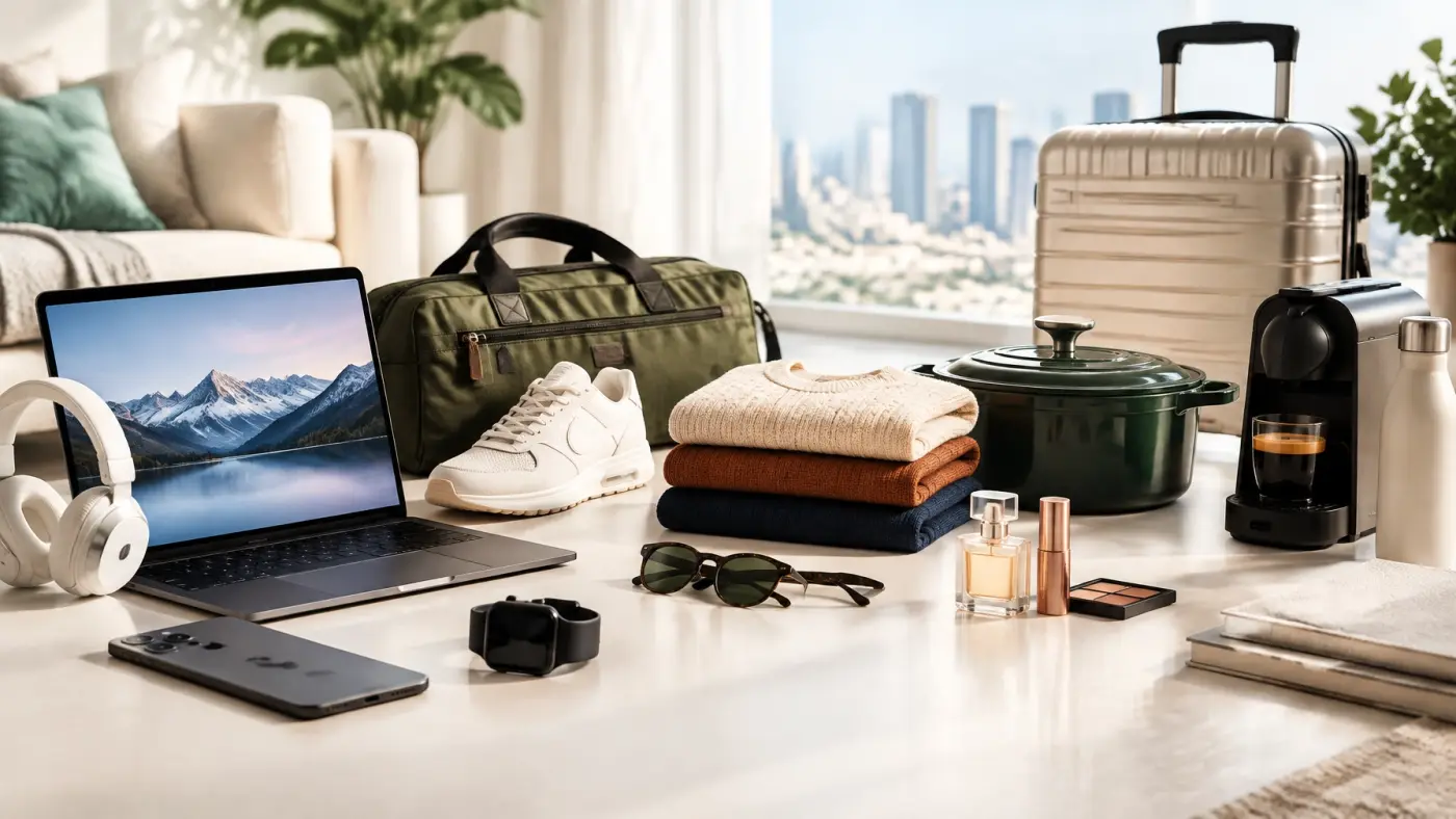 Verdant & Veil department store edit with a sunlit display of premium products